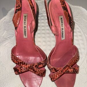 Manolo Blahnik Pink and Orange Snakeskin Sandals